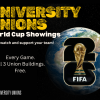 Black background on graphic with picture of the Earth & FIFA Cup. Text: Every game, all three buildings, free watch parties for the FIFA world cup matches