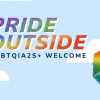 The words Pride Outside in rainbow gradient in front of a blue sky background