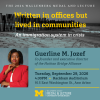 Event poster shows B&W photo of seashore with fenced barrier; image of speaker and event details as described.