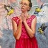 St. Aubrey, oil on canvas; woman in red dress with glasses surrounded by yellow finches.