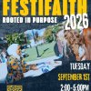 Graphic event poster with bold event lettering and photo image of students meeting outdoors.
