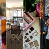 Four vertical sections show: a floral-patterned stuffed toy, an office with chairs, craft supplies, and a person in graduation attire smiling and gesturing.