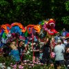 Colorful Chinese dragon dancing in parade.