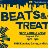 Yellow promotional graphic for 'Beats & Treats,' hosted by University Unions Campus Involvement at the University of Michigan. Text reads: North Campus Grove, August 27th, 6pm - 8pm, FREE Kona Ice, Games, and Music! The design features navy blue drippy paint texture along the top edge, a headphones icon, a stylized navy circular graphic resembling a sound equalizer in the bottom left, the University of Michigan Block M logo, and a 'Welcome to Michigan' triangular banner logo in the top left