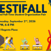 "Yellow promotional graphic for 'FestiFall: Annual Fall-Time Student Organization Fair' at the University of Michigan. Text reads: Wednesday, September 2nd, 2026, 3-5 PM, 6-8 PM, Diag / Regents Plaza. The design features illustrations of two students walking near the Cube sculpture, two people waving from behind folding tables, and the Orion sculpture on the right. A 'Welcome to Michigan' triangular banner logo appears in the top right, and navy blue decorative border lines frame the top and right edges.