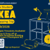 Navy blue promotional graphic for 'New Student IKEA Shopping Trip,' hosted by University Unions Campus Involvement at the University of Michigan. Text reads: 8/29/2026, Multiple Timeslots Available!, Pick up & Drop off at Student Activities Building, Sign up Required. The design features a yellow illustration of a shelving unit with a lamp, decorative pillow, reed diffuser, and rolled rug, a QR code labeled 'Scan Me' with the University of Michigan Block M logo, and a 'Welcome to Michigan' triangular banner logo in the top right.