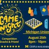 Graphic with blue background and game pieces--checkers, cards, and place markers--with event details as posted.