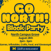 Block party event poster with swirls, event details: Aug 28th 2-5pm hosted by Campus Involvement