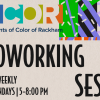 Abstract background reads SCOR students of color of Rackham, coworking sess, Bi-Weekly Mondays 5-8pm