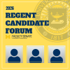 Yellow background with blue letters. The text reads 2026 Regent Candidate Forum, Faculty Senate Office. The design has the University of Michigan crest as well as 3 grey sillhouettes to convey the Regent Candidates.