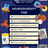 Poster contains the event details and the middle of the poster describes some of the benefits of going to the fair: low pressure environment, explore local organizations, research and volunteering opportunities, food and drink, quiet/sensory space, everyone is welcome, find your community. Along the sides these points are backed up by images of food/drink, a fidget spinner, a theatre playbill, a rainbow infinity sign, a collection of sports balls, and a magnifying glass over a data sheet. There is also a cake that says celebrate neurodiversity in the bottom left corner and an illustration of people playing a game together at the bottom. Finally, the flyer includes the logos for the UM Department of Linguistics and the Language Matters collective, there is also a QR code to RSVP for the event in the bottom right.