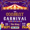 Flier for the Consent Carnival with a circus tent graphic over text stating "Ready to Raise the Bar? Step Right Up"