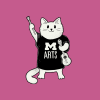 A cartoon cat in a Michigan Arts Shirt holding a paint brush and an ukulele