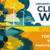University of Michigan Climate Week, September 26 to October 3. Theme: Together for Tomorrow. #UMCW26. Illustration of a landscape with wind turbines, solar panels, and trees in maize, blue, teal, and orange, reflected in a calm stream, with a city skyline in the distance.