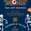 Infographic depicting two skeletons and two pumpkins that includes text details which describe Camp Michigania's event, Halloween on the Diag, happening on 10/30 from 9am-2pm.
