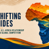 Graphic titled Shifting Tides: The U.S.-Africa Relationship Amid Global Competition, featuring a map of Africa filled with sunset and landscape imagery