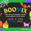 Black, green, and purple Halloween-themed promotional graphic for ‘BooMix,’ hosted by University Unions Campus Involvement at the University of Michigan. Text reads: Join us for costumes, music, food, games, fun & more! 10/30, 8 - 11 PM, Michigan Union. The design features illustrations of spiderwebs with spiders, orange bats, a yellow ghost in a witch hat riding a broom, a smiling orange pumpkin, a small yellow pumpkin wearing a party hat, a pink cat, a cupcake, and a lollipop. The University of Michigan Block M logo appears in the bottom right