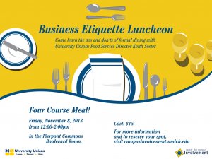 Business Etiquette Lncheon on 11/8 from 12p-2p at Pierpont