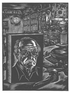 Self-portrait of John DePol on a wood engraved block, ca. 1990