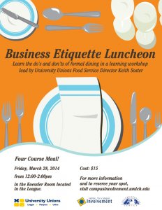 Business Etiquette Luncheon on 3/28 from 12-2p
