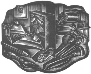 Block and Tools, woodcut by artist John DePol