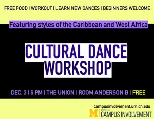 Cultural Dance Workshop on 12/3 from 6p-7p in the union