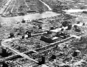 The aftermath of the March 9-10 1945 firebombing of Tokyo.