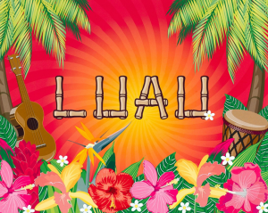 Graphic image of flowers with word "Luau"