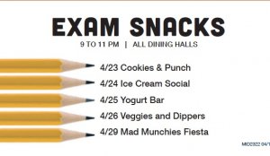 Pencils and calendar of exam snacks.