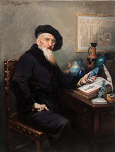 "The Archaeologist" by Jules Monge depicts an older man, seated, holding a blue 