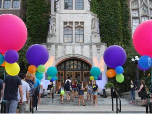 Michigan Union Front Steps with Colorful Balloons and M Lights