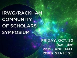 Community of Scholars Symposium title on blue and green fractal