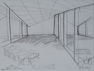 Jeanne Gang. Boathouse Sketch, 2013. Pencil on paper, 11 x 8 1/2 in. The Univers