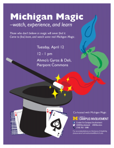 Michigan Magic club performance and lessons in Pierpont April 12th advertisement