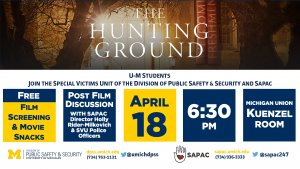 "The Hunting Ground" screening on April 18th at 6:30pm in the Kuenzel Room of th