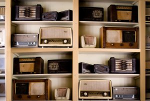 wall of old radios