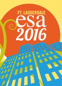 ESA 2016 logo, highrises buildings and a sun