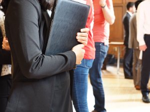 Picture of a student waiting in line at Career Expo