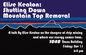 The flyer for the Elise Keaton: Shutting Down Mountain Removal talk