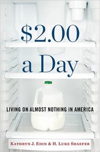 Visual of book cover for $2.00 a Day showing a gallon of milk in an otherwise empty refrigerator