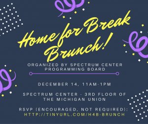 Home for Break Brunch! poster [blue background with purple spirals and the date/time/location]
