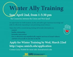 A poster for Winter Ally Training listing the time, location, and focus of the event