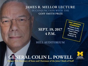 Portrait of General Colin Powell with lecture information