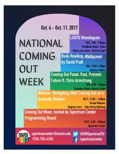 A colorful poster detailing the events of National Coming Out Week.
