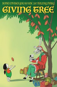 Bones (reindeer skeleton) in Santa costume sitting under a Giving Tree. Illustration by John Megahan.