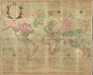 Carington Bowles. Bowles’s New Four-Sheet Map of the World on Mercator’s Projection: Exhibiting the Several Quarters of the Globe Divided into their Respective Empires, Kingdoms, States, &c....London: Bowles & Carver, 1807. The Clark Map Library.