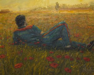 Prisoner on a Field of Flowers by Oliger Merko, oil on board