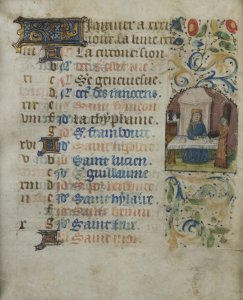 Artist unknown, Calendar leaf (January), from a Book of Hours, 1462, ink, tempera, and gold leaf on parchment. University of Michigan Museum of Art, Gift of Mrs. Carrol Robertsen, 2015/2.6B (recto)