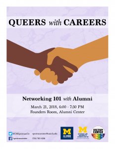 A flyer depicting two individuals shaking hands, one hand tan, one hand brown, with the words "Queers With Careers" above the hands and the description of the event below.