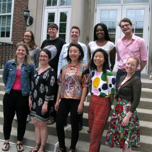 group photo of Community of Scholars fellows on steps of Lane Hall